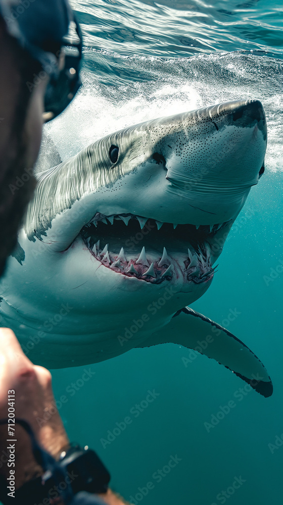 Naklejka premium scuba diver taking a selfie, with a shark