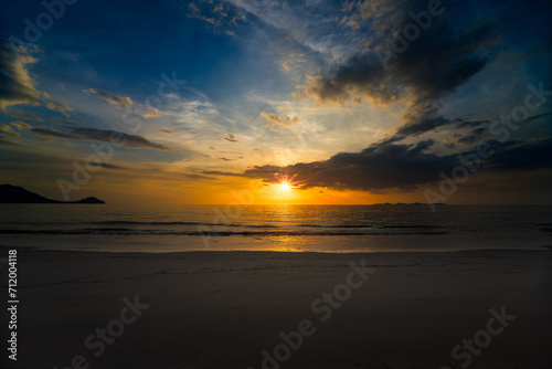 Sunset on the Andaman Sea at Yao Beach west coast of Thailand, Hat Chao Mai National Park Trang Province Thailand.