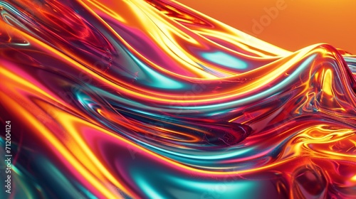 Abstract fluid 3D render holographic iridescent neon curved wave in motion orange background. Gradient design element for banners, backgrounds, wallpapers, and covers.