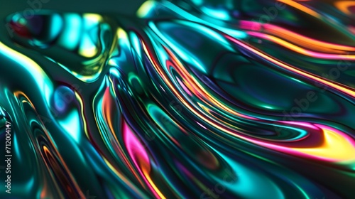 Abstract fluid 3D render holographic iridescent neon curved wave in motion green background. Gradient design element for banners, backgrounds, wallpapers, and covers. photo