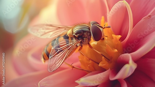 Hoverfly resting on a flower, background image, generative AI