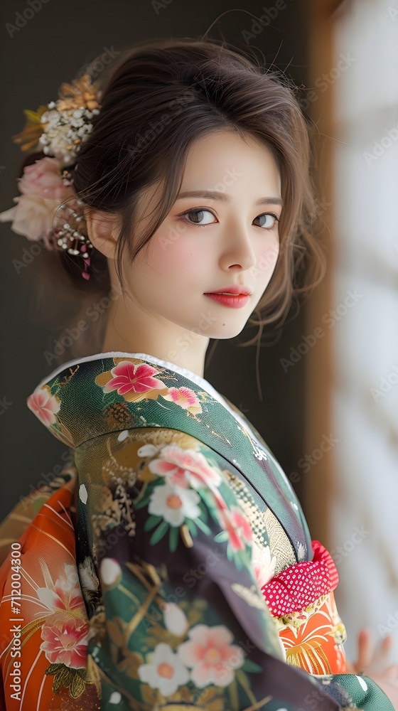 Portrait of young beautiful japanese female wearing traditional japanese clothes, generative AI Portrait of young beautiful japanese female wearing traditional japanese clothes, generative AI