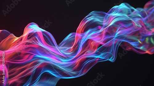 Abstract fluid 3D render holographic iridescent neon curved wave in motion black background. Gradient design element for banners, backgrounds, wallpapers, and covers.