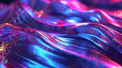 Abstract fluid 3D render holographic iridescent neon curved wave in motion indigo background. Gradient design element for banners, backgrounds, wallpapers, and covers.