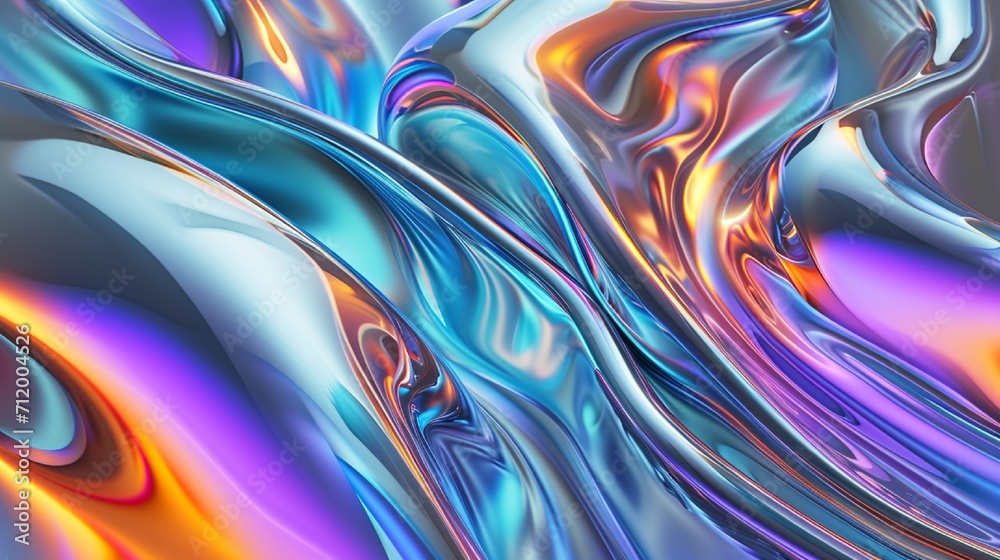 Abstract fluid 3D render holographic iridescent neon curved wave in motion grey background. Gradient design element for banners, backgrounds, wallpapers, and covers.
