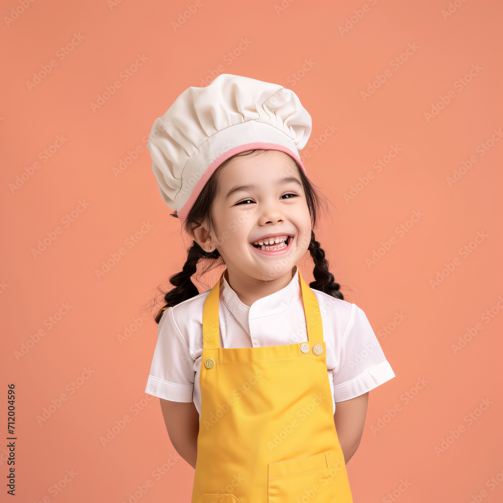 Portrait of a smiling little girl wearing chef clothes isolated on a pink background. Portrait of a smiling little girl wearing chef clothes isolated on a pink background.