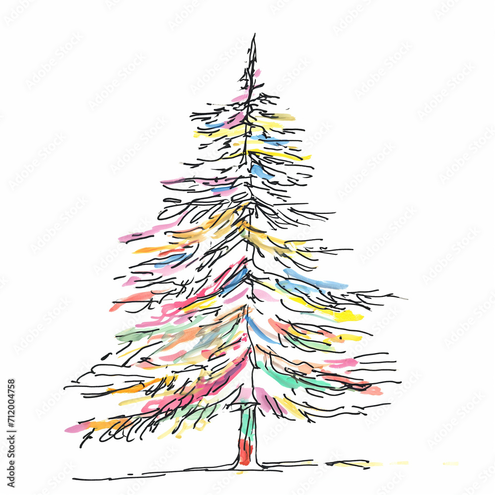 Christmas tree watercolor line sketch
