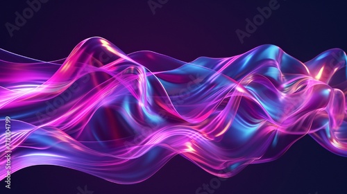 Abstract fluid 3D render holographic iridescent neon curved wave in motion purple background. Gradient design element for banners, backgrounds, wallpapers, and covers.