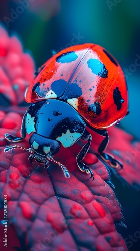 Get an up-close view of a ladybug, showcasing its vibrant colors, background image, generative AI