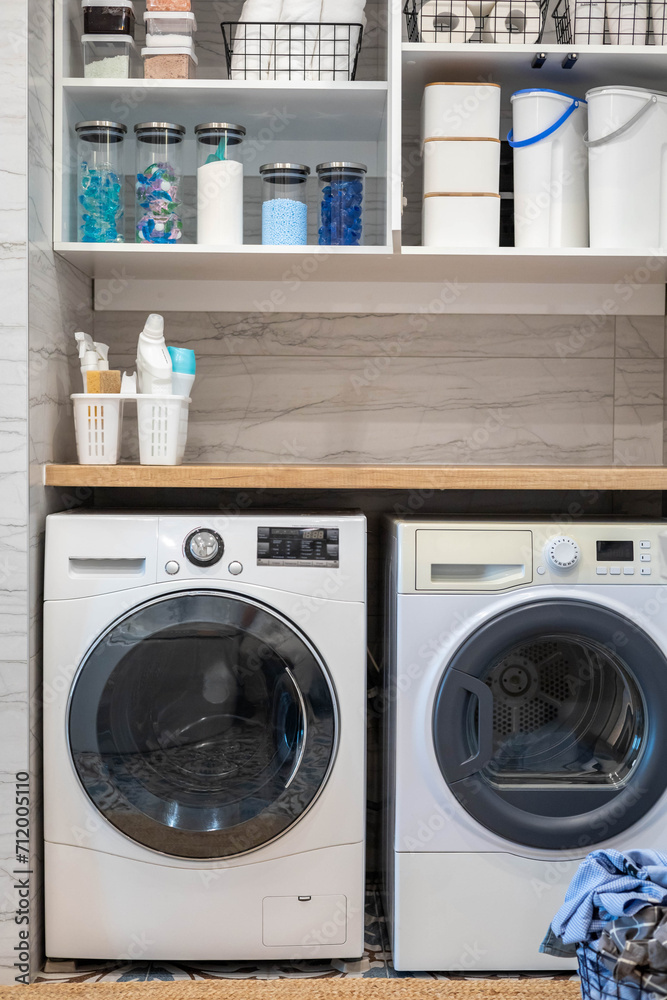 White bathroom laundry comfortable storage organizing arrangement on shelves eco style minimalism