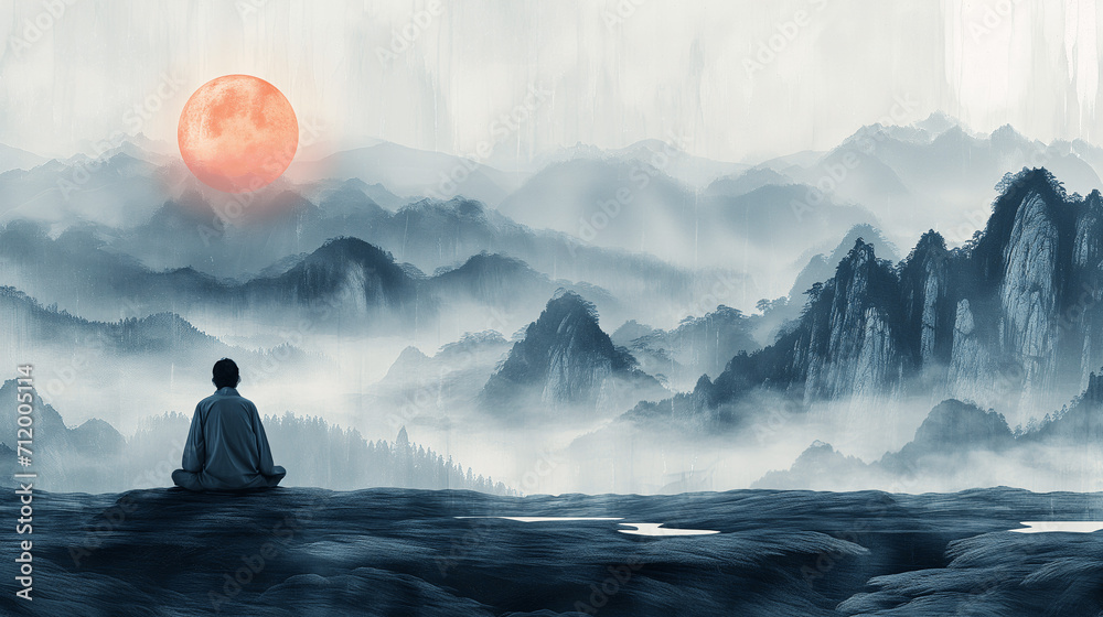 Meditative Silhouette Overlooking Ethereal Mountain Range with Crimson Sun
