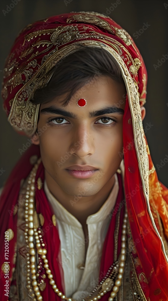 Portrait of young indian male wearing traditional indian clothes, generative AI