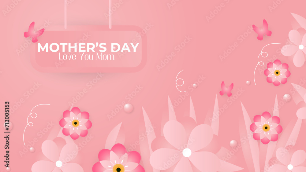 Pink and white vector mothers day background with love balloons and flowers illustration. Happy mothers day event poster for greeting design template and mother's day celebration