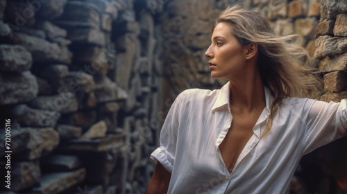 A female mode posing outdoors among a mountain and wearing a white shirt. This is profile. Blond hair. photo
