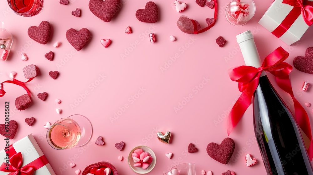 St. valentine day flat lay, all romantic attributes : chocolate hearts, sparkle wine, champaign glasses, gift , copy space for your message   