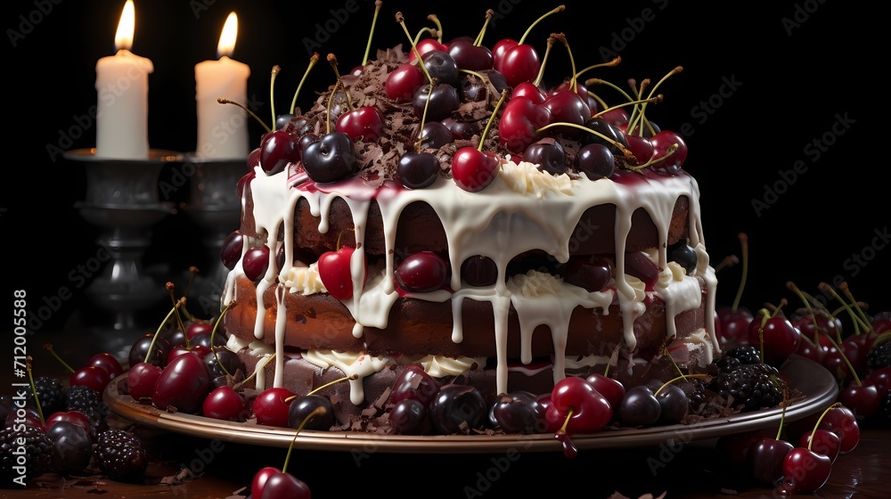 A classic black forest cake adorned with cherry toppings and eighty-five flickering candles, invoking a sense of indulgence