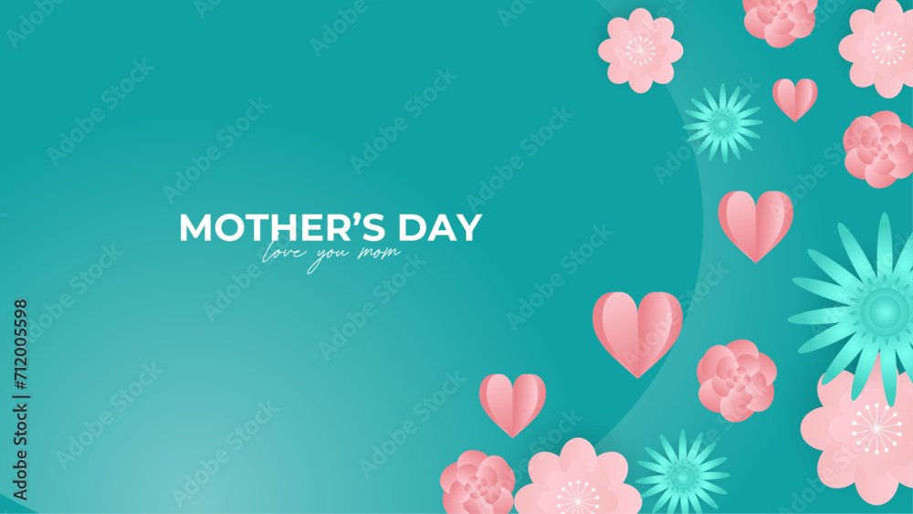 Pink white and green happy mothers day background with flowers and hearts. Vector illustration. Happy mothers day event poster for greeting design template and mother's day celebration