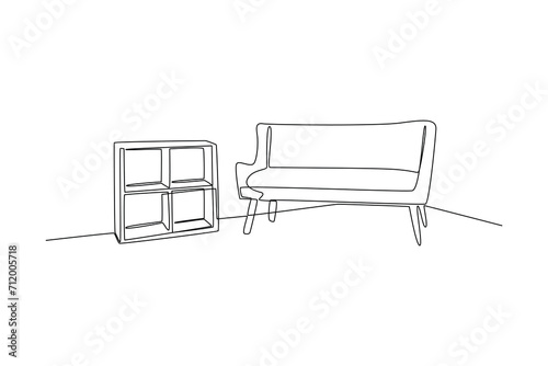 One continuous line drawing of Home interior design concept. Doodle vector illustration in simple linear style.