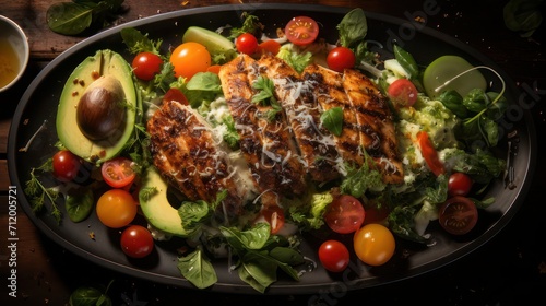 grilled chicken breast served in a bowl topped with cherry tomatoes, avocados, lettuce and loaded with garlic sauce © Qaisara