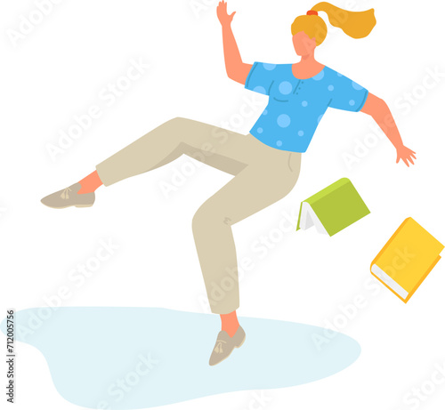 Blonde woman slipped on wet floor, fallen books, casual attire, accident at home. Safety awareness concept, unexpected home accident vector illustration.