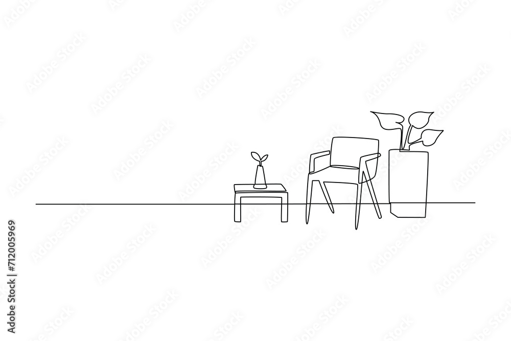 One continuous line drawing of Home interior design concept. Doodle vector illustration in simple linear style.