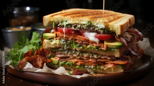 beef bacon sandwich topped with bacon strips, sliced avocados, tomatoes, lettuce and drizzled with mayonaise