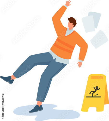 Man slipping on wet floor beside caution sign. Person loses balance at workplace. Accident prevention and safety vector illustration.
