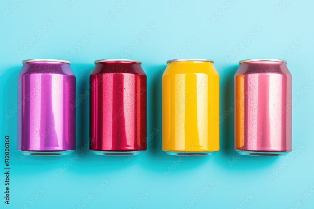 Colourful tin cans on blue background. Colourful tin cans on blue background.