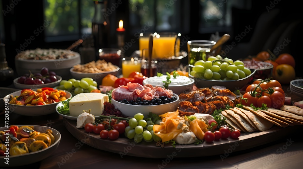 A close-up of a table filled with delicious party snacks, including finger foods, fruit platters, and savory appetizers. The display is visually appealing and enticing