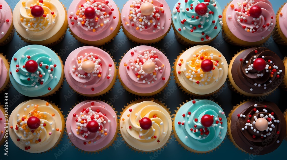 A colorful array of birthday cupcakes arranged in a circular pattern, captured from a top-down view, on a pastel blue background