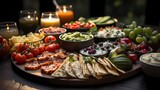 A close-up of a table filled with delicious party snacks, including finger foods, fruit platters, and savory appetizers. The display is visually appealing and enticing