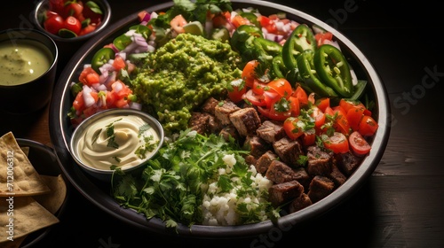 avocado salad with chopped tomatoes, sliced beef, jalapenos and garlic sauce