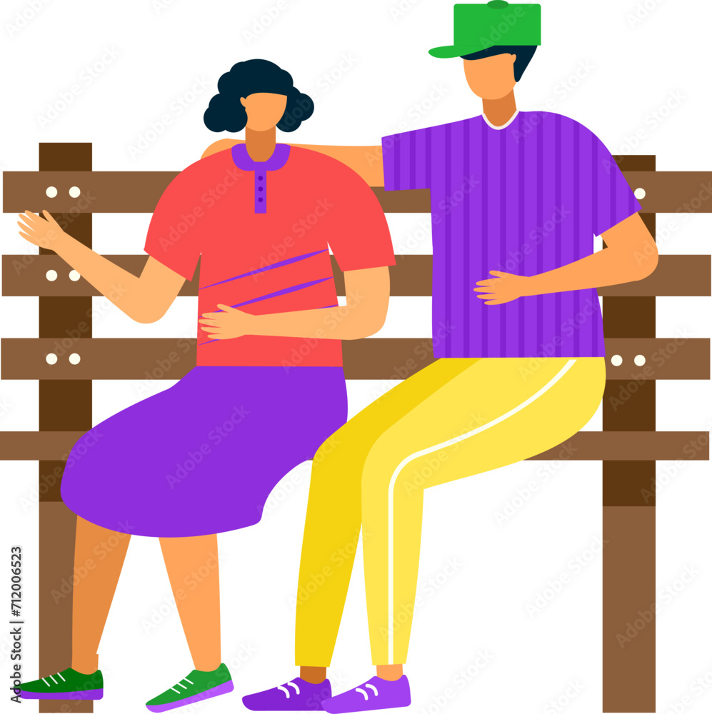 Woman and man sitting on a bench, casual attire, friendly meeting. Park leisure time, friends chatting outdoors, colorful clothing vector illustration.