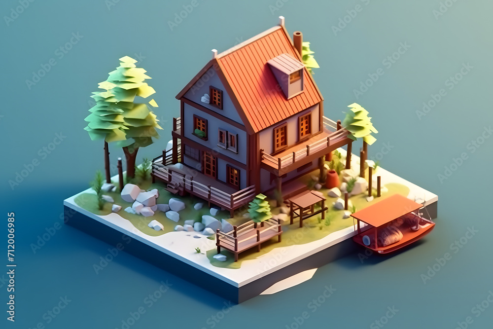 riverside wooden house with boat 3d isometric