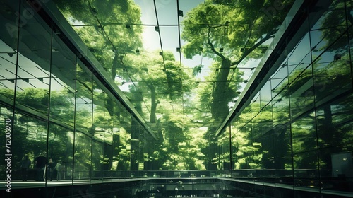 Clear glass showing some trees on a roof, in the style of sustainable architecture