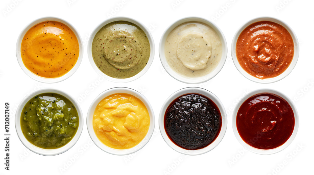 Bowls of Various Sauces isolated on transparent background Remove png, Clipping Path, pen tool Bowls of Various Sauces isolated on transparent background Remove png, Clipping Path, pen tool