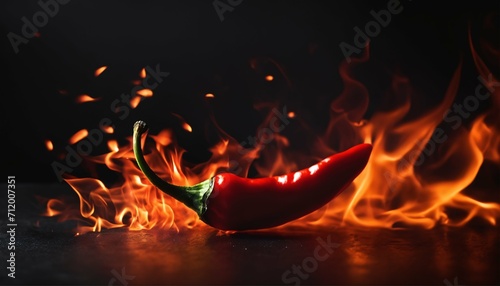 Dark black background with red hot chilli pepper ablaze, creative fiery wallpaper