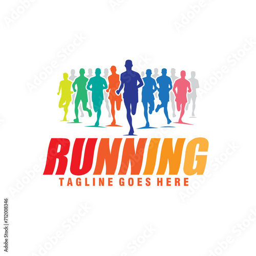 marathon run, silhouette group of running people color full logo vector graphic