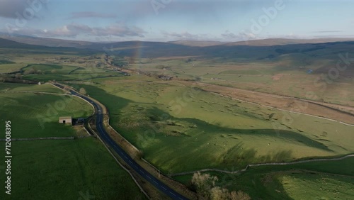 Establishing Drone Shot of Rainbow and Yorkshire Dales Landscape UK photo