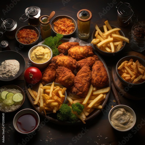 fried chicken wings served with fries and side dishes with dipping sauces