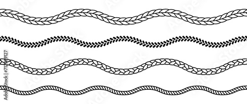 Set of rope waves. Repeating hemp cord stripes collection. Waving chain, braid, plait bundle. Seamless decorative plait pattern. Vector marine twine design elements for banner, poster, frame, border