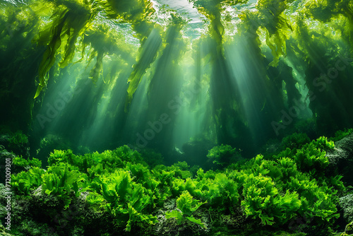 Underwater landscape Green Seaweed reef with algae  sea north  view in the cold sea ecosystem.