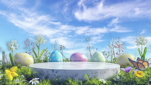 easter podium with painted eggs and spring meadow, looping video