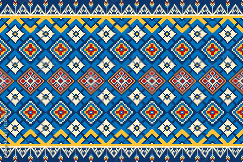 Ethnic Pattern in Pixel Art Vector Illustration.  Seamless Pattern design for fabric, carpet, tile, wrapping, wallpaper, and background
