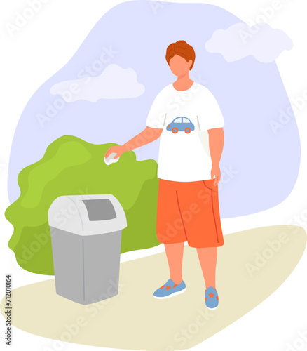 Young redhead boy throwing trash away outdoor. Eco-friendly child contributing to environment preservation. Recycling and ecological lifestyle vector illustration.