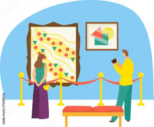 Man taking photo of art, woman admiring large abstract painting in gallery. Museum visitors enjoying modern artwork exhibition. Art appreciation, gallery visit vector illustration.