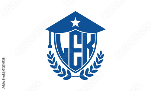 LEK three letter iconic academic logo design vector template. monogram, abstract, school, college, university, graduation cap symbol logo, shield, model, institute, educational, coaching canter, tech