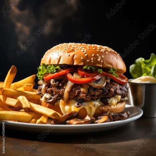 classic beef burger with melted cheese served with fries