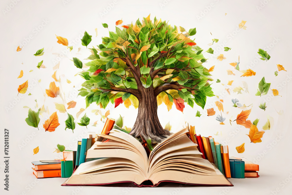Celebrate International Literacy Day. A vibrant concept with a tree adorned with colorful books as leaves. Promote education, knowledge, and literacy on a white background.