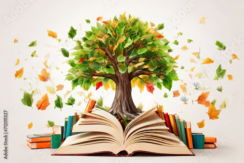 Obraz na płótnie Celebrate International Literacy Day. A vibrant concept with a tree adorned with colorful books as leaves. Promote education, knowledge, and literacy on a white background. w salonie